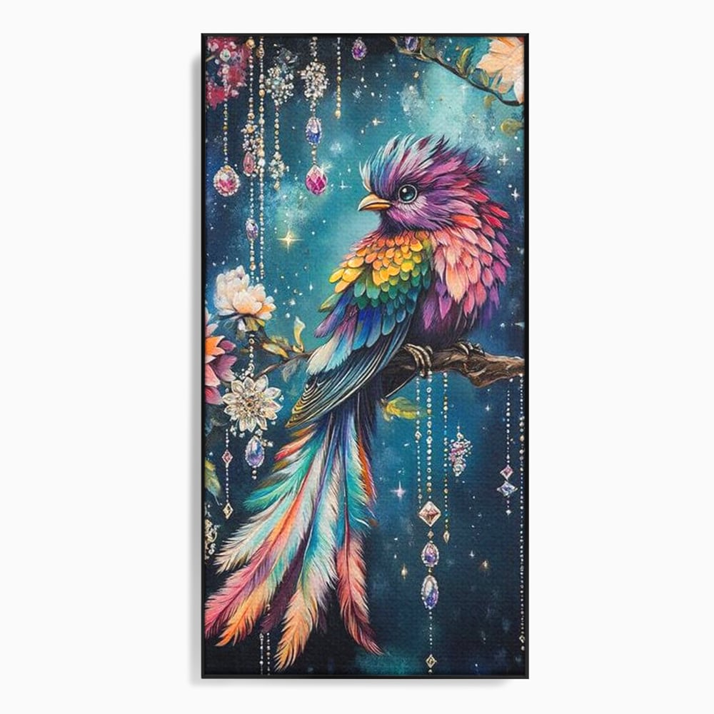 Tablou canvas cu tablou canvas cu pasare colorata si cristale, in rama de aluminiu negru